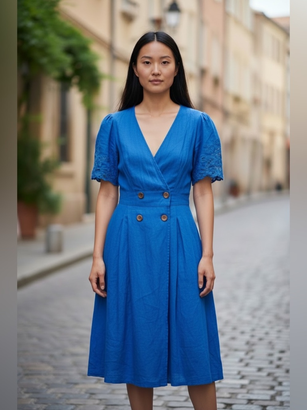 Vintage Cobalt Wrap Midi Dress with Buttoned Waist and shoulder pads